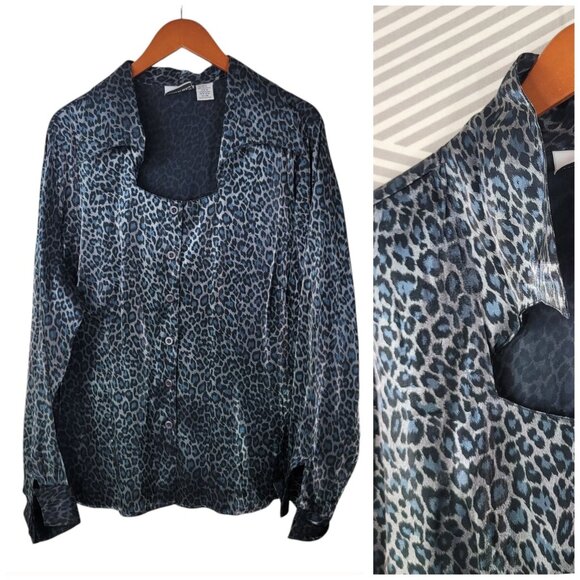 Vintage Y2K Satin Top Plus size 22/24 3X button up Leopard Cheetah Grey Silver - Picture 1 of 7